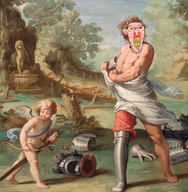 armor baby blood bloodshot_eyes classical_art_parody cracked_teeth furious_orlando glasses knight orlando_furioso pink_skin stubble undressing variant:feraljak vein // 954x974 // 2.1MB