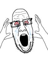 arm bloodshot_eyes crying glasses hand open_mouth scared soyjak stubble variant:ppp // 1000x1233 // 32.5KB
