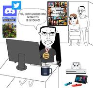 3soyjaks arm award closed_mouth computer discord ear father glasses grand_theft_auto grand_theft_auto_v medal minecraft mother nintendo nintendo_switch soyjak subvariant:chudjak_front subvariant:hornyson text twitter variant:chudjak variant:cobson video_game // 2250x2144 // 1.6MB