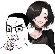 choker chud dark_hair doomer_girl femjak glasses goth goth_girl hair hand hand_on_shoulder lips pentagram smile soyjak variant:chudjak variant:wojak wojak // 640x635 // 303.9KB