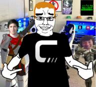 armor black_shirt caesars_legion carpet chair claymore_gaming clothes controller eyebrows fallout fallout_new_vegas fallout_tactics gaming_console ginger glasses gmod gun happy headphones homestuck irl irl_background joker monitor nepeta_leijon no_sign orange_hair playstation playstation_4 pointing rocket_launcher smile soyjak speaker star_wars subvariant:chudjak_front television tshirt variant:chudjak variant:shirtjak video_game // 618x559 // 428.4KB