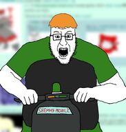 alarm blart blurred_background glasses green_alarm nas:tama open_mouth orange_hair riding scooter sean shemmy shemmycuck soygem_party soyjak stubble template variant:blartjak variant:tama // 876x921 // 146.6KB