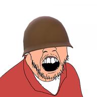 angry clothes combat_helmet helmet jacket military no_eyes open_mouth red soldier soldier_(tf2) soyjak stubble team_fortress_2 valve variant:feraljak video_game // 600x600 // 89.4KB