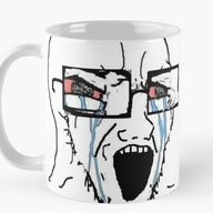 bloodshot_eyes crying cup glasses irl merchandise mug open_mouth soyjak stubble variant:soyak zoomed // 602x518 // 248.8KB