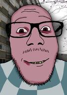 brown_eyes closed_mouth clothes glasses irl_background mustache pink_skin purple_skin smile soyjak stubble variant:punkjak yellow_teeth // 918x1306 // 569.1KB