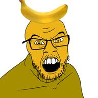 angry banana clothes food foodjak fruit glasses hat looking_at_you mustache open_mouth series:fruiterz! soyjak stubble variant:feraljak white_background yellow_eyes yellow_skin // 1500x1500 // 242.5KB