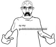 arm big_eyes ear glasses open_mouth pointing scared soyjak stubble subvariant:doctos subvariant:doctos_front subvariant:soyak_front text variant:shirtjak variant:soyak // 1027x860 // 196.7KB