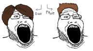 2soyjaks brown_hair glasses hair looking_to_the_right open_mouth soyjak stubble teeth text variant:markiplier_soyjak2 zoomer_hair // 959x528 // 35.3KB