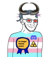 award closed_mouth discord ear flag:transgender_pride_flag glasses horn no_pupils radioactive red_sclera smile smirk snake_hair stubble subvariant:soyak_(smug) text variant:soyak white_background // 894x962 // 281.1KB