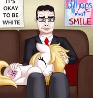 aryanne_(pony) chud closed_mouth clothes couch glasses hair its_okay_to_be_white my_little_pony nazism pinkie_pie pony poster suit variant:chudjak wholesome // 1550x1625 // 1.1MB