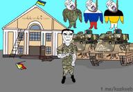 building emr_pattern flag flag:russia flag:russian_empire flag:ukraine hanging ladder military_uniform rope russia russo_ukrainian_war subvariant:unbotheredchud tank ukraine uniform variant:bernd variant:chudjak // 1024x709 // 63.7KB