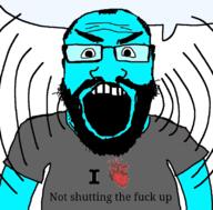angry balding beard clothes cyan_skin glasses grey_shirt open_mouth soyjak speech_bubble subvariant:science_lover text transparent variant:markiplier_soyjak // 800x789 // 131.8KB