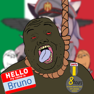 1_year_on_bald_men_with_glasses_website ack black_skin bloodshot_eyes blue_tongue bruno_(user) hello_my_name_is_(sticker) medal namefags rope shitskin variant:alicia yellow_teeth // 588x588 // 277.3KB