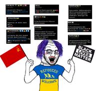 arm black_lives_matter clothes communism emoticon flag:black_lives_matter flag:soviet_union flag:ukraine hammer_and_sickle hand holding_flag holding_object lipstick makeup malorussian_flag mustache necklace open_mouth purple_hair refugees_welcome soviet_union soyjak star stubble subvariant:crazed_troonjak subvariant:soyak_(crazed) text tranny tshirt twitter ukraine variant:soyak yellow_teeth // 1121x1057 // 387.8KB