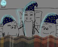 4soyjaks bed blanket closed_eyes closed_mouth clothes comfy hat lightbulb night nightcap nightlight pillow sleeping smile soyjak soyjak_trio stubble variant:gapejak variant:markiplier_soyjak variant:soyak variant:tony_soprano_soyjak // 829x679 // 321.0KB