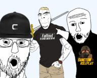 3soyjaks arm bald baseball_cap black_shirt blond blue_eyes cap claymore_gaming clothes fallout fallout_new_vegas full_body glasses gmod hair hand hand_in_pocket hat holding_object holding_sword muscles no_sign open_mouth pointing smile smirk soyjak stubble sword text tshirt variant:cobson variant:two_pointing_soyjaks vein video_game watch weapon // 680x545 // 142.3KB