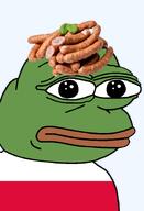 amphibian bald closed_mouth clothes country europe european flag flag:poland food frog green_skin irl kielbasa lips looking_at_you meat nas nas:pepe neutral pepe_the_frog poland polish remaster sausage series:pepe_hat transparent_background tshirt // 1008x1479 // 411.3KB