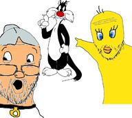 2soyjaks animal blue_eyes cartoon glasses grey_hair looney_tunes pointing soyjak stubble variant:two_pointing_soyjaks white_skin yellow_skin // 744x672 // 145.1KB