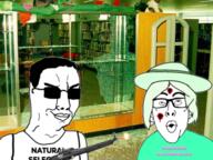 2soyjaks closed_mouth clothes columbine crystal_cafe dead glasses gore green_hair gun hat library shooting smile smug soyjak subvariant:female_nojak sunglasses text variant:chudjak variant:nojak // 1440x1080 // 1.8MB