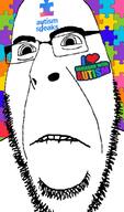 autism autism_speaks biting_lip closed_mouth frown glasses i_love jigsaw_puzzle looking_to_the_left soyjak stubble subvariant:hornyson tattoo teeth text variant:cobson // 415x707 // 136.7KB