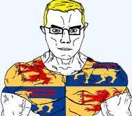 animal arm aryan blue_eyes buff closed_mouth clothes country county crossbow ear elk flag flag:kalmar glasses hair holding_object kalmar lion soyjak subvariant:chudjak_front subvariant:muscular_chud sweden transparent_background tshirt variant:chudjak vein yellow_hair // 1059x929 // 169.3KB