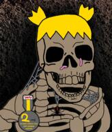 4chan anime badge bug green_hair hair irl_background oldfag open_mouth series:skeletonjaks skeleton skull soyjak soyjak_party spider text variant:feraljak web worm yellow_hair yotsoyba // 611x717 // 700.7KB