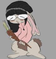 animal beanie carrot clothes glasses hair pink_shirt rabbit rabbit_ears smile sweater teeth variant:soytan // 2408x2556 // 747.0KB