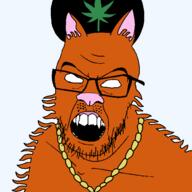 angry animal cat cat_ear chain ear fangs glasses king_of_the_beach open_mouth orange_skin sharp_teeth snout soyjak stubble variant:feraljak wavves weed white_eyes // 1500x1500 // 58.2KB
