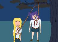 ack blond blue_eyes clothes cloud everlasting_summer green_eyes hanging lena_(everlasting_summer) night noose open_mouth rope slavya_(everlasting_summer) soyjak tree v_sign variant:bernd variant:chudjak violet_hair white_skin // 2100x1500 // 383.9KB