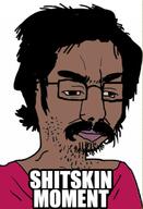 brown_skin caption closed_mouth clothes glasses hair impact_font indian mustache red_shirt soyjak stubble text thick_eyebrows variant:chudjak // 500x734 // 157.6KB