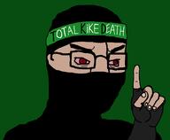 balaclava bandana eye_bags eyebrows fingerless_glove green_background hamas islam jihad mask palestine pointing_finger pointing_up red_eyes red_sclera terrorism terrorist text total_kike_death total_kike_destruction variant:chudjak // 986x809 // 25.6KB