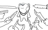 blue_eyes full_body gun holding_axe holding_gun holding_knife holding_pistol holding_sword knife middle_finger pistol variant:impish_soyak_ears weapon // 442x284 // 25.8KB