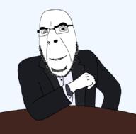 arm closed_mouth clothes glasses smile soyjak stubble suit table variant:cobson watch // 846x831 // 74.7KB