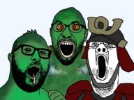 3soyjaks armor beard brown_eyes chameleon clothes glasses helmet lips lizard oingo_boingo open_mouth red_eyes reptile samurai soyjak_trio2 soyngo_boyngo stubble tongue variant:cirrus variant:hot_sauce variant:reaction_soyjak // 1497x1119 // 202.5KB