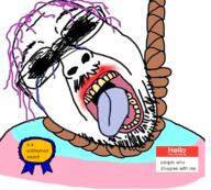 award bloodshot_eyes crying dead flag glasses hair hanging microsoft_paint mustache name_tag open_mouth purple_hair rope soyjak stubble suicide template tongue tranny variant:bernd yellow_teeth // 782x704 // 470.8KB