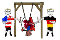 3soyjaks ack amerimutt anti_mutt blood bloodshot_eyes blue_eyes brown_skin buff clothes communism crying ear execution full_body germany gore hair hammer_and_sickle kgb open_mouth russia saw soyjak subvariant:chudjak_front subvariant:unbotheredchud tongue united_states variant:bernd variant:chudjak vein yellow_hair yellow_teeth z_(russian_symbol) zigger // 2576x1720 // 252.8KB