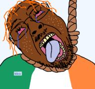 ack bloodshot_eyes brown_skin clothes crying dead flag flag:ireland freckles ginger ginger_hair glasses hair hanging ireland irish_tranny mick_(namefag) mustache noose open_mouth rope soybooru stubble suicide teeth teeth_showing text tongue tranny variant:bernd yellow_teeth // 768x719 // 38.6KB