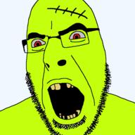 angry bloodshot_eyes glasses green_skin large_eyebrows open_mouth red_eyes soyjak stubble variant:cobson zombie // 721x720 // 39.0KB