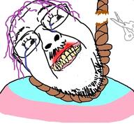clenched_teeth crying flag flag:transgender_pride_flag glasses hair hanging lipstick looking_to_the_right mustache purple_hair rope scissors soyjak stubble suicide tranny variant:bernd yellow_teeth // 768x718 // 73.9KB