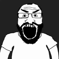 angry animated arm balding beard clothes fume glasses hair open_mouth red smoke soyjak steam subvariant:science_lover tshirt variant:markiplier_soyjak // 800x800 // 9.9MB