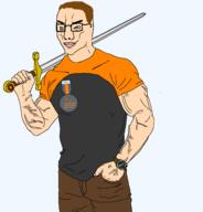 1488 aryan asset blue_eyes blue_shirt brown_hair buff closed_mouth clothes dan eyes_like_the_o-o-cean flag glasses hair holding_object holding_sword orange_shirt smile smug sonnenrad soyjak subvariant:muscular_chud2 sword transparent_background tshirt variant:chudjak vein watch white_skin // 1834x1913 // 122.2KB