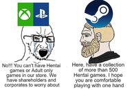 anime bloodshot_eyes crying glasses nordic_chad nsfw open_mouth playstation soyjak steam stubble text variant:soyak video_game xbox // 1280x872 // 463.8KB