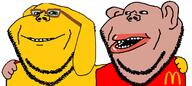 2soyjaks amerimutt animal black_sclera brown_skin clothes dog ear friendship glasses hand janny lips mcdonalds mutt open_mouth red_shirt smile snout soyjak stubble subvariant:impish_amerimutt variant:impish_soyak_ears yellow yellow_skin // 680x303 // 104.7KB