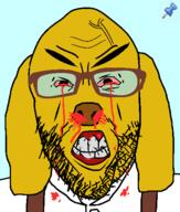 angry animal blood blue_background clothes dog ear glasses janny push_pin soyjak sticky stubble suspenders thick_eyebrows variant:nojak yellow_skin // 443x523 // 29.7KB