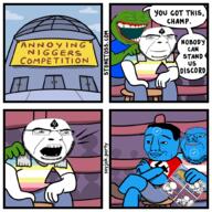 2soyjaks amphibian beard blacked blue_skin boxing clothes competition crowd discord door frog glasses green_skin hand holding_object laughing lipstick map_(pedophile) nas:pepe nazism pedophile pepe_the_frog purple_hair queen_of_spades shocked shorts sitting sky smile smug soyjak_party stonetoss stubble subnas:pepelaugh swastika teeth towel tranny transgender_flag tshirt twitter twitter_checkmark variant:bernd variant:chudjak variant:cobson white_skin // 1000x1000 // 309.7KB