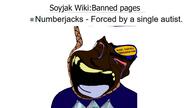 NUMBERJACKS_IS_FORCED_AUTISTIC_GROID_BRIMSTONE_FROM_THE_FREEZING_VALLEYS_OF_THABA-TSEKA autism award black_skin bloodshot_eyes blue_shirt clothes crying deformed hanging numbergod_(namefag) numberjacks slopjak smile soyjak_wiki subvariant:chudjak_front suicide text variant:chudjak yellow_teeth // 1920x1080 // 162.4KB