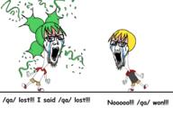 2soyjaks 4chan anime bloodshot_eyes blue_eyes clothes crying full_body glasses green_hair hair merge open_mouth qa_(4chan) redraw soyjak stubble text tshirt variant:chudjak variant:soyak yellow_hair yotsoyba // 3400x2300 // 404.4KB