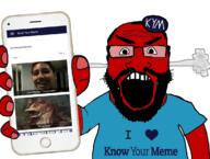 angry beard blue_shirt clothes fume glasses heart holding_object i_love knowyourmeme open_mouth phone red red_skin soyjak subvariant:science_lover tshirt variant:markiplier_soyjak // 1151x871 // 494.0KB