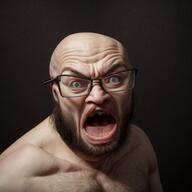 angry beard blue_eyes glasses gums meta:ai_generated open_mouth realistic shirtless variant:feraljak white_skin // 512x512 // 286.1KB