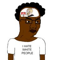african_american afro angry beard black black_skin blond blue_eyes chad chud clothes curly_hair dark_skin eyebrows glasses incel lips nordic_chad red_lips rent_free seething text tshirt variant:chudjak white_background white_skin // 1082x1082 // 96.6KB